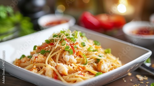 This delicious dish features crab rangoon pasta adorned with fresh herbs and a medley of colorful ingredients, inviting diners to enjoy a fusion of flavors in a cozy atmosphere