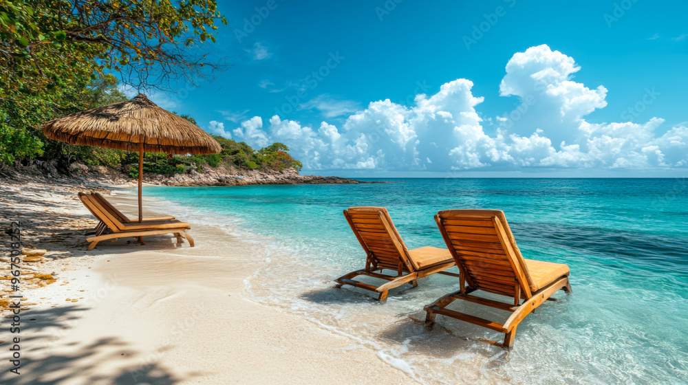 Obraz premium Umbrella and wooden chairs on tropical Caribbean beach