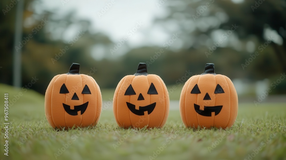 Three cheerful Halloween pumpkins with smiling faces on a grassy field, perfect for autumn-themed decorations and celebrations. Three cheerful Halloween pumpkins with smiling faces on a grassy field, perfect for autumn-themed decorations and celebrations.