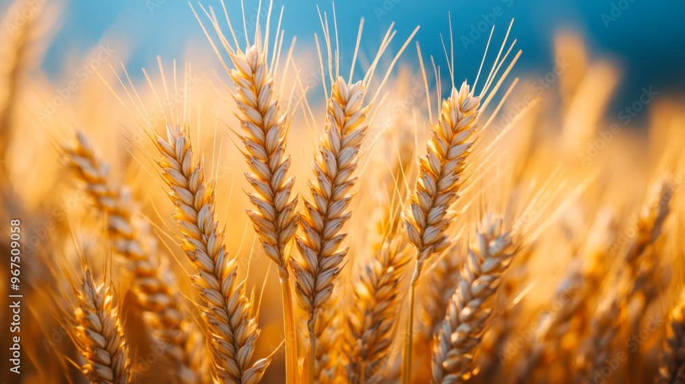 Wheat field with the sun. Golden wheat ears close-up. A fresh crop of rye Wheat field with the sun. Golden wheat ears close-up. A fresh crop of rye
