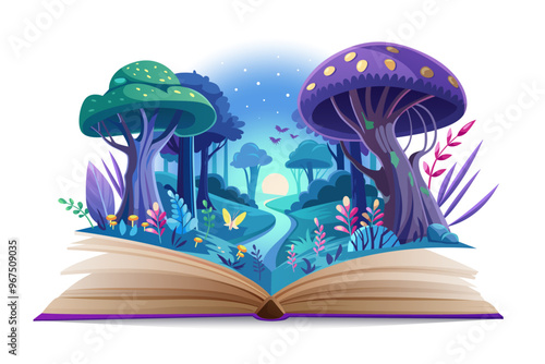 Open book with magic fairy tale world in bright neon light. Fantasy storybook with purple mushrooms and blue river on pages, mystic sorcery story for reading by kids cartoon vector illustration