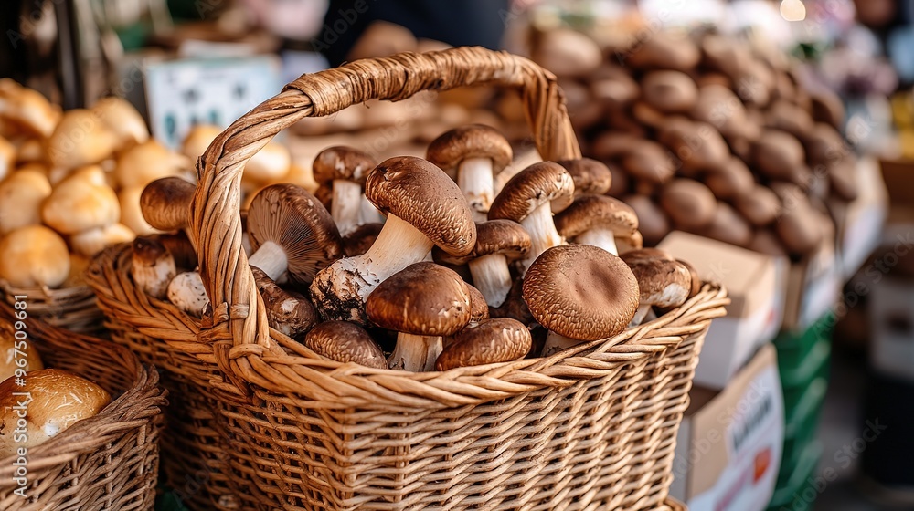 Fresh and Plump Shiitake Mushrooms Arranged in a Wicker Basket on a Market Stall. Healthy Eating and Wholesome Food Choices. Fresh and Plump Shiitake Mushrooms Arranged in a Wicker Basket on a Market Stall. Healthy Eating and Wholesome Food Choices.