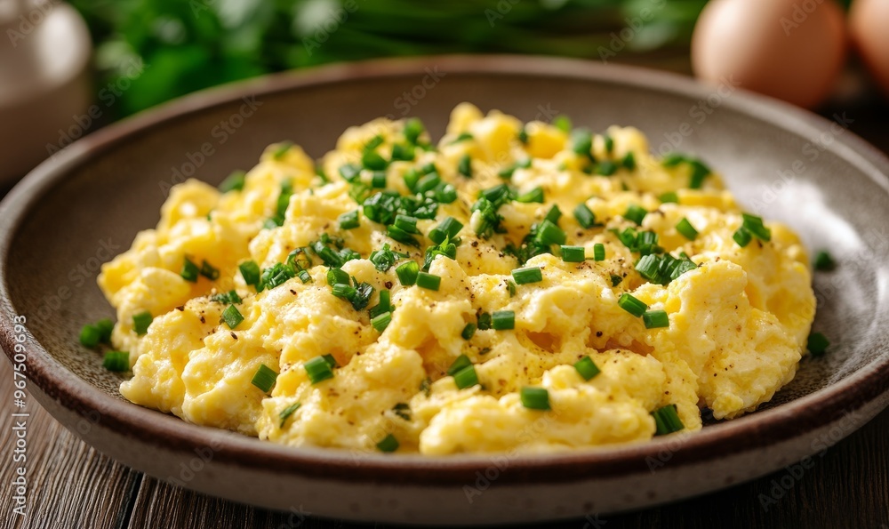 Creamy Scrambled Eggs Topped With Fresh Chives Served on a Rustic Plate With Ingredients Nearby Creamy Scrambled Eggs Topped With Fresh Chives Served on a Rustic Plate With Ingredients Nearby