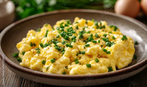 Creamy Scrambled Eggs Topped With Fresh Chives Served on a Rustic Plate With Ingredients Nearby