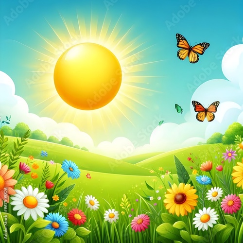 Sunny Meadow with Butterflies and Flowers