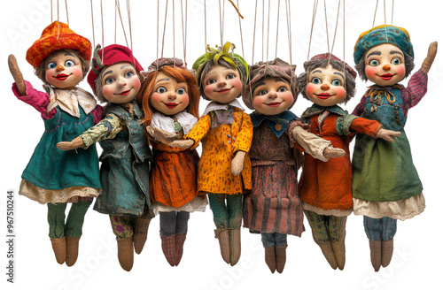  A collection of dolls suspended from strings, creating a whimsical and playful display in a vibrant setting.