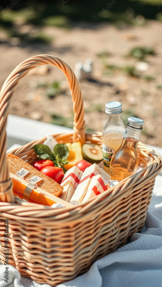 Picnic Basket with Sandwiches, Fruit and Drinks Picnic Basket with Sandwiches, Fruit and Drinks