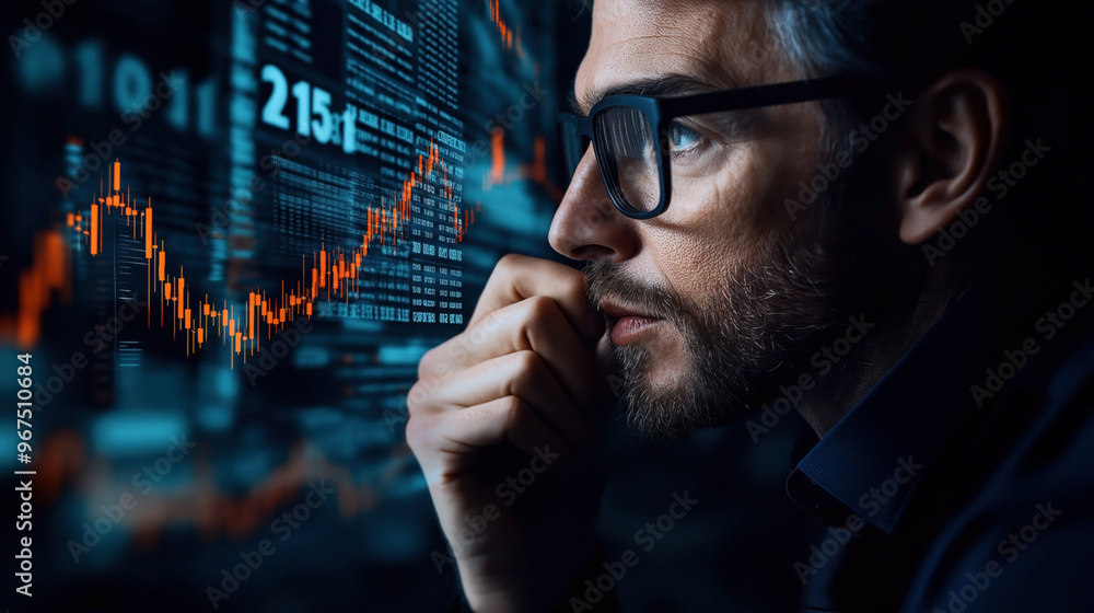 A man with a beard and glasses closely observes stock market data and charts on a screen, analyzing financial trends and market movements. A man with a beard and glasses closely observes stock market data and charts on a screen, analyzing financial trends and market movements.