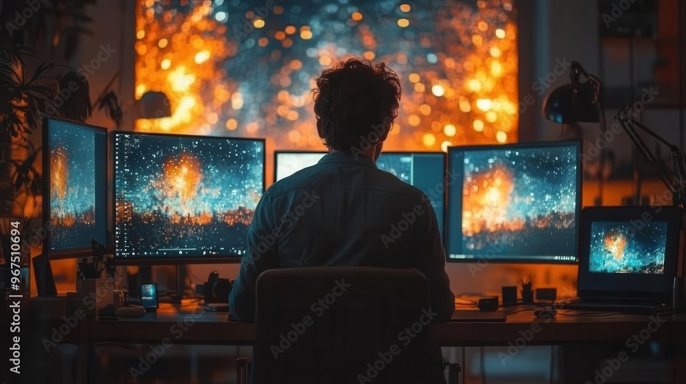 professional photographer editing highresolution images on multiple monitors surrounded by camera equipment and bathed in the warm glow of studio lighting professional photographer editing highresolution images on multiple monitors surrounded by camera equipment and bathed in the warm glow of studio lighting