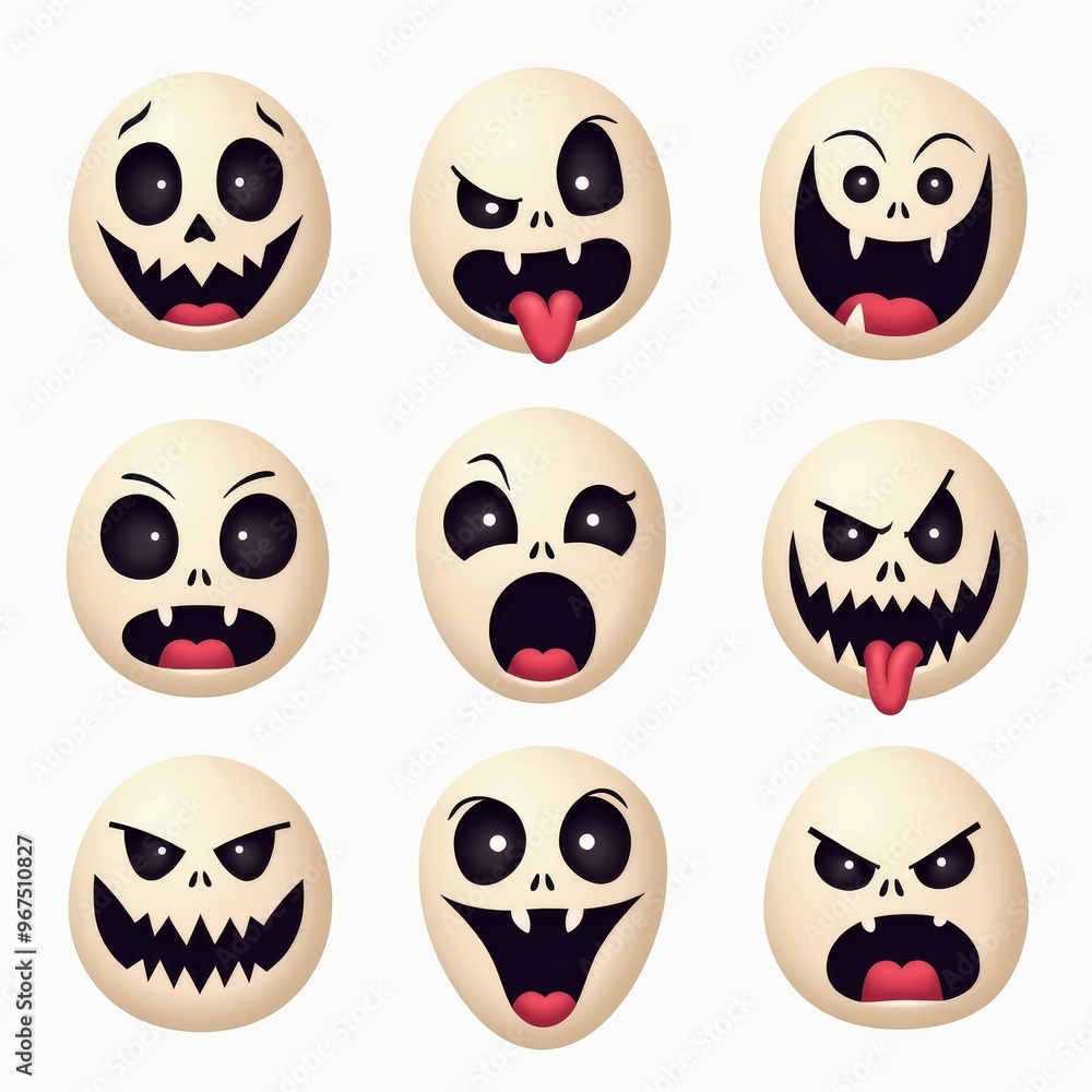 Collection of Halloween Skull Emojis with Different Expressions. Perfect for Halloween-themed messaging and design! Collection of Halloween Skull Emojis with Different Expressions. Perfect for Halloween-themed messaging and design!