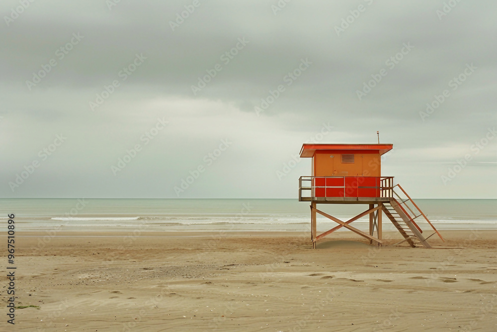 Generated with AI close up photo of lifeguard house on sandy beach Generated with AI close up photo of lifeguard house on sandy beach