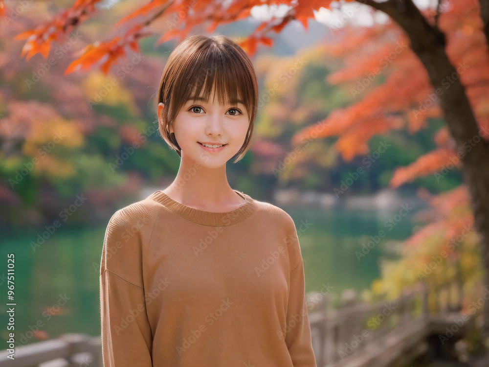 紅葉の風景と笑顔の若い女性 紅葉の風景と笑顔の若い女性
