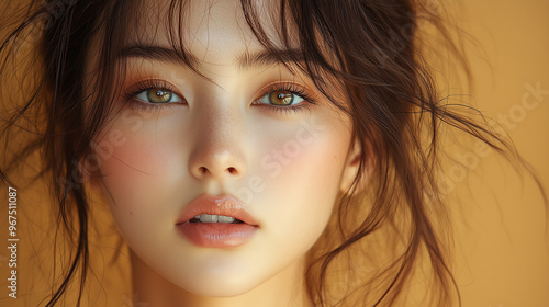 A young Korean woman with beautiful makeup and soft lighting poses against a warm orange background, creating a captivating portrait