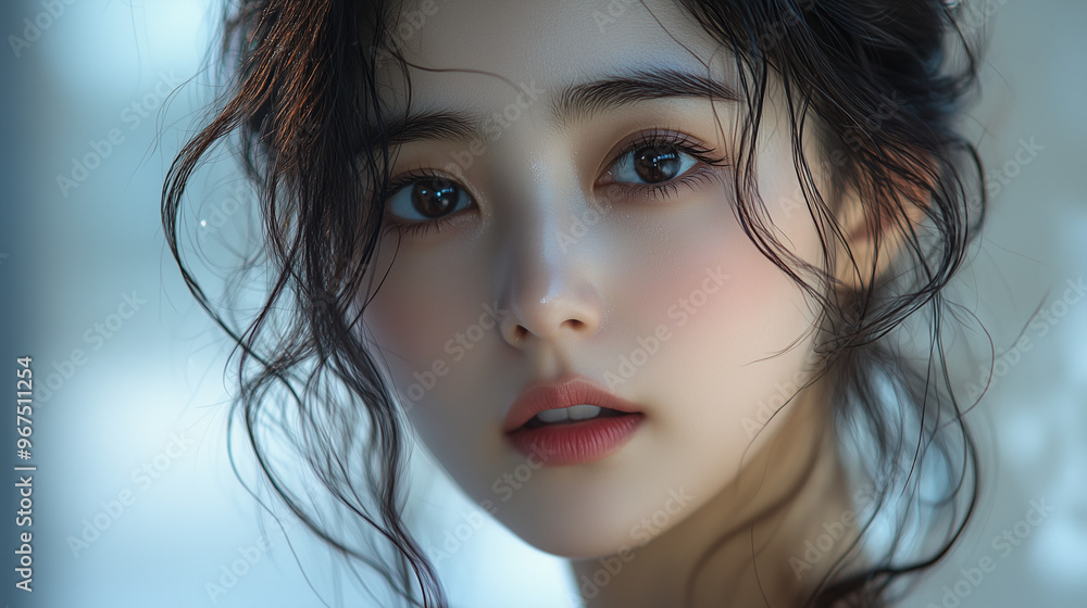 A Korean woman with soft features and flowing hair gazes thoughtfully out a window in soft daylight A Korean woman with soft features and flowing hair gazes thoughtfully out a window in soft daylight