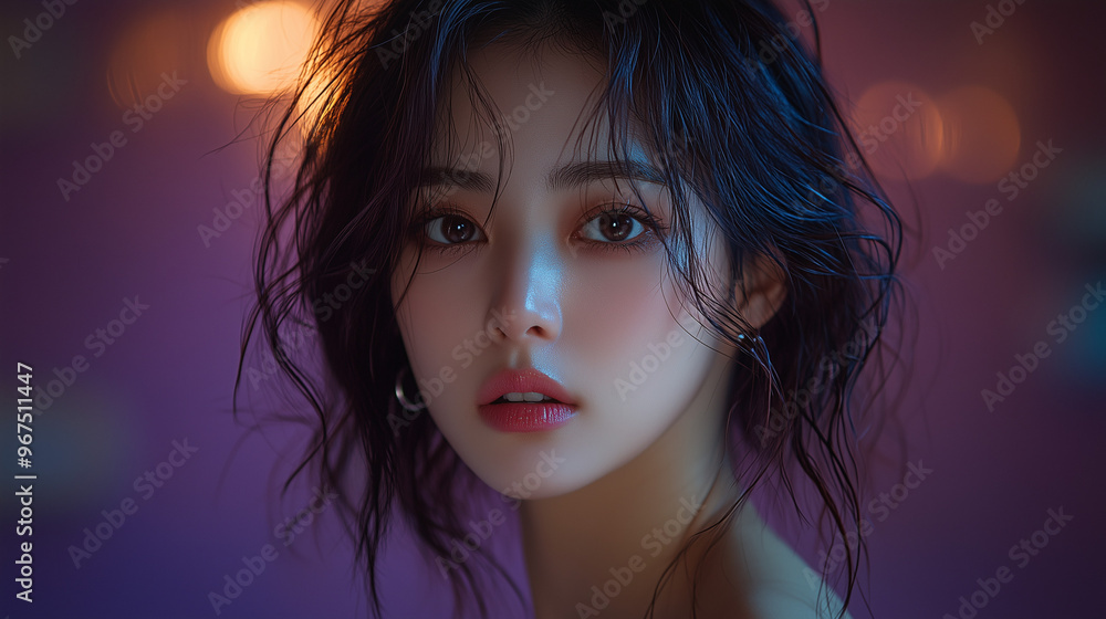 A Korean woman with wavy hair gazes thoughtfully in soft lighting during an evening event