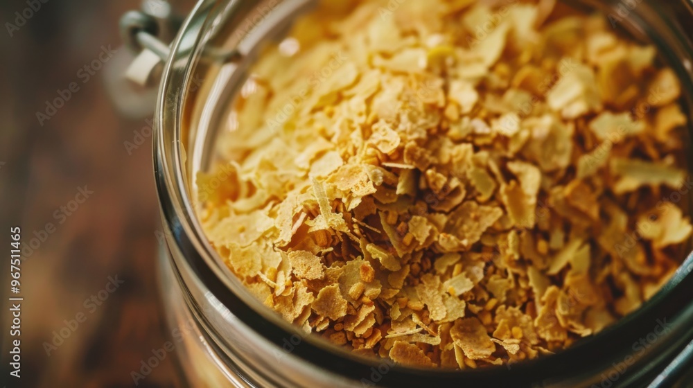 Close up of jar of nutritional yeast flakes, vegan, protein, superfood, seasoning, healthy Close up of jar of nutritional yeast flakes, vegan, protein, superfood, seasoning, healthy