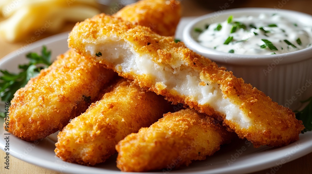 Fish sticks with golden crust and a dip Fish sticks with golden crust and a dip