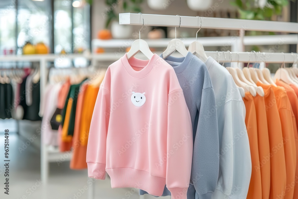 Obraz premium Colorful sweatshirts hanging on display in a modern clothing store, showcasing trendy fashion apparel in vibrant hues.