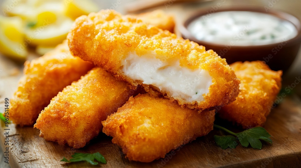 Fish sticks with golden crust and a dip Fish sticks with golden crust and a dip