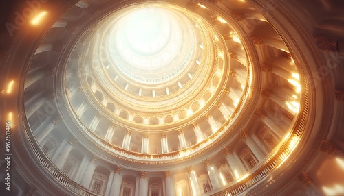 illustration of White house Washington DC Capitol dome detail with waving american flag.