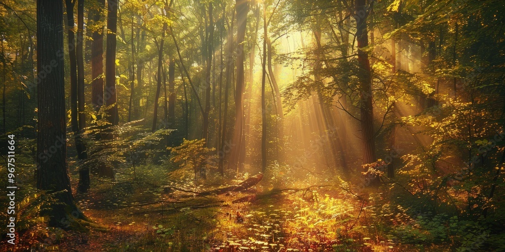 Fototapeta premium View of Sunlit Forest with Natural Trees