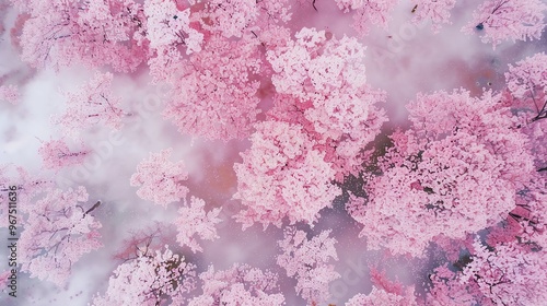 An aerial view of a lush forest of pink cherry blossom trees.