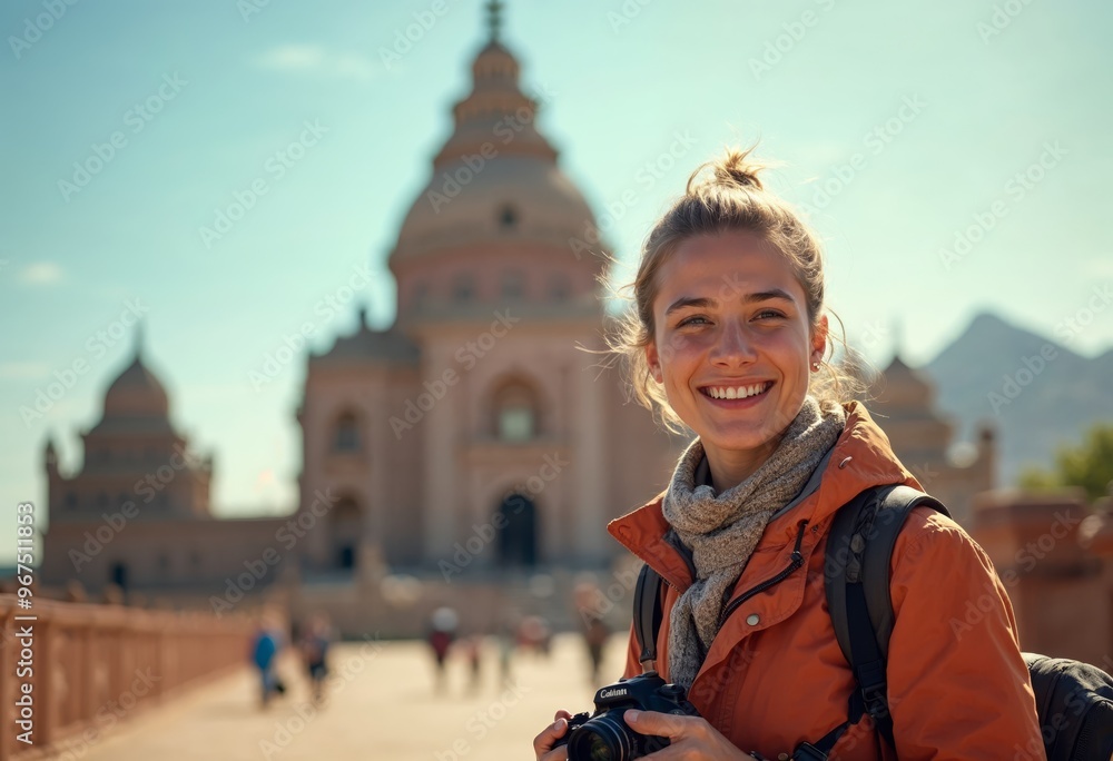 Fototapeta premium Young woman tourist with a camera in front of a historical building.
