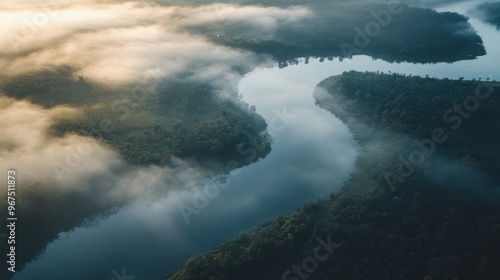 A birdâ€™s-eye view of a river winding through a landscape blanketed in morning