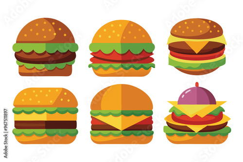 Set of different types delicious burger vector illustration on white background