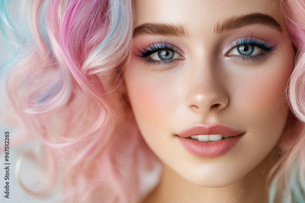 Pastel Dreams: A captivating portrait of a young woman with mesmerizing blue eyes and a whimsical pink and blue hairdo, radiating a dreamy and ethereal allure. Pastel Dreams: A captivating portrait of a young woman with mesmerizing blue eyes and a whimsical pink and blue hairdo, radiating a dreamy and ethereal allure.