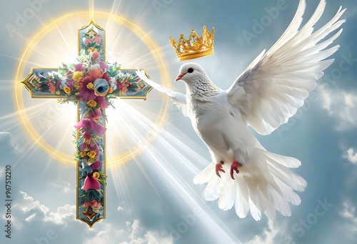 A white dove and a cross decorated with flowers appear in the sky, representing peace and freedom. Jesus and Catholicism concept. photo