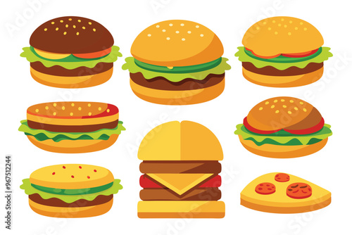 Set of different types delicious burger vector illustration on white background