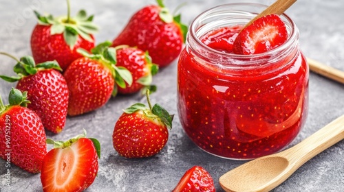 Wallpaper Mural A jar of strawberry jam with a spoon and some strawberries, AI Torontodigital.ca