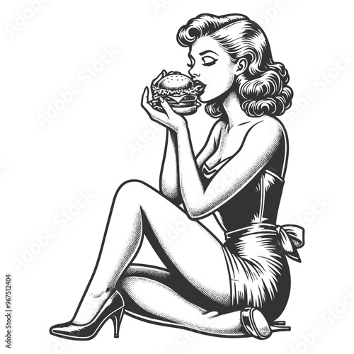 pin-up woman with hamburger sketch engraving generative ai fictional character vector illustration. Scratch board imitation. Black and white image.