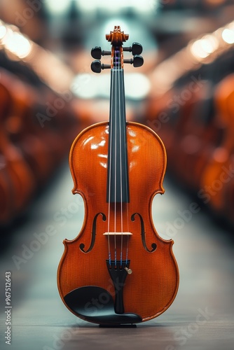 Beautiful Violin Displayed in a Music Store Surrounded by Other Instruments on a Clear Day