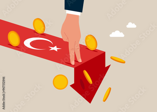 Turkey economy collapse. Financial instability and stock market crash. Hand investor falling from stack of unstable money. Vector illustration.