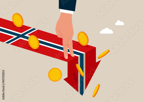 Norway economy collapse. Financial instability and stock market crash. Hand investor falling from stack of unstable money. Vector illustration.