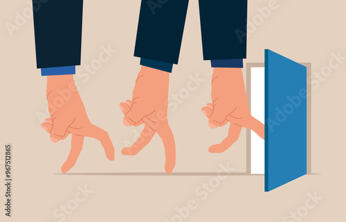 Employee resign or leaving company. Hands business people resign and walk through exit door. Flat vector illustration