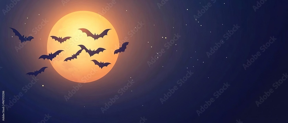 Halloween bats flying under the moon flat design, top view, nocturnal theme, cartoon drawing, Complementary Color Scheme Halloween bats flying under the moon flat design, top view, nocturnal theme, cartoon drawing, Complementary Color Scheme