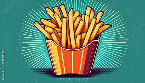 Delicious golden French fries served in a classic red and white striped box, bursting with flavor and crunch.