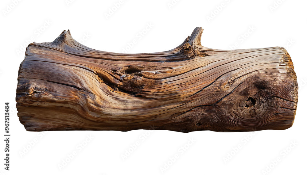 Lone Driftwood Log on White or Transparent Background