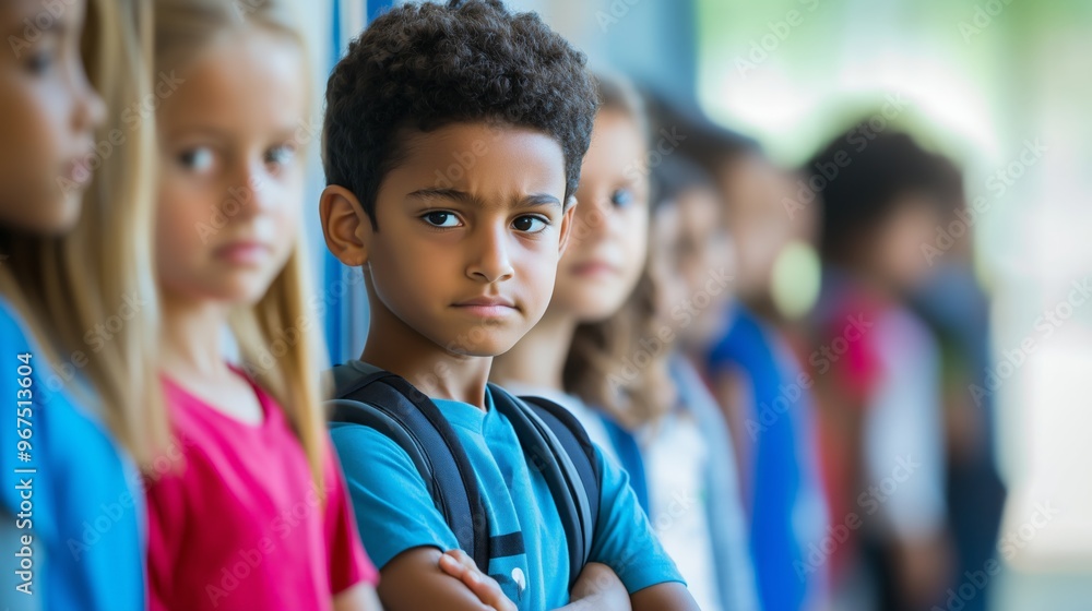 Frustrated school child among children in the school yard Frustrated school child among children in the school yard