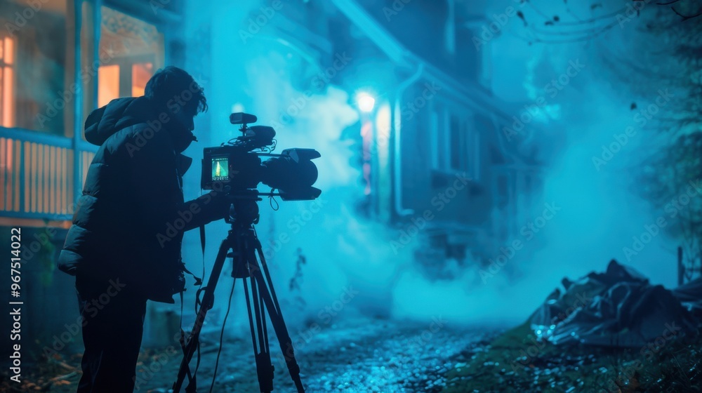 Fototapeta premium A cinematographer operates a camera on a tripod, capturing a scene outside a house bathed in atmospheric blue light and fog at dusk