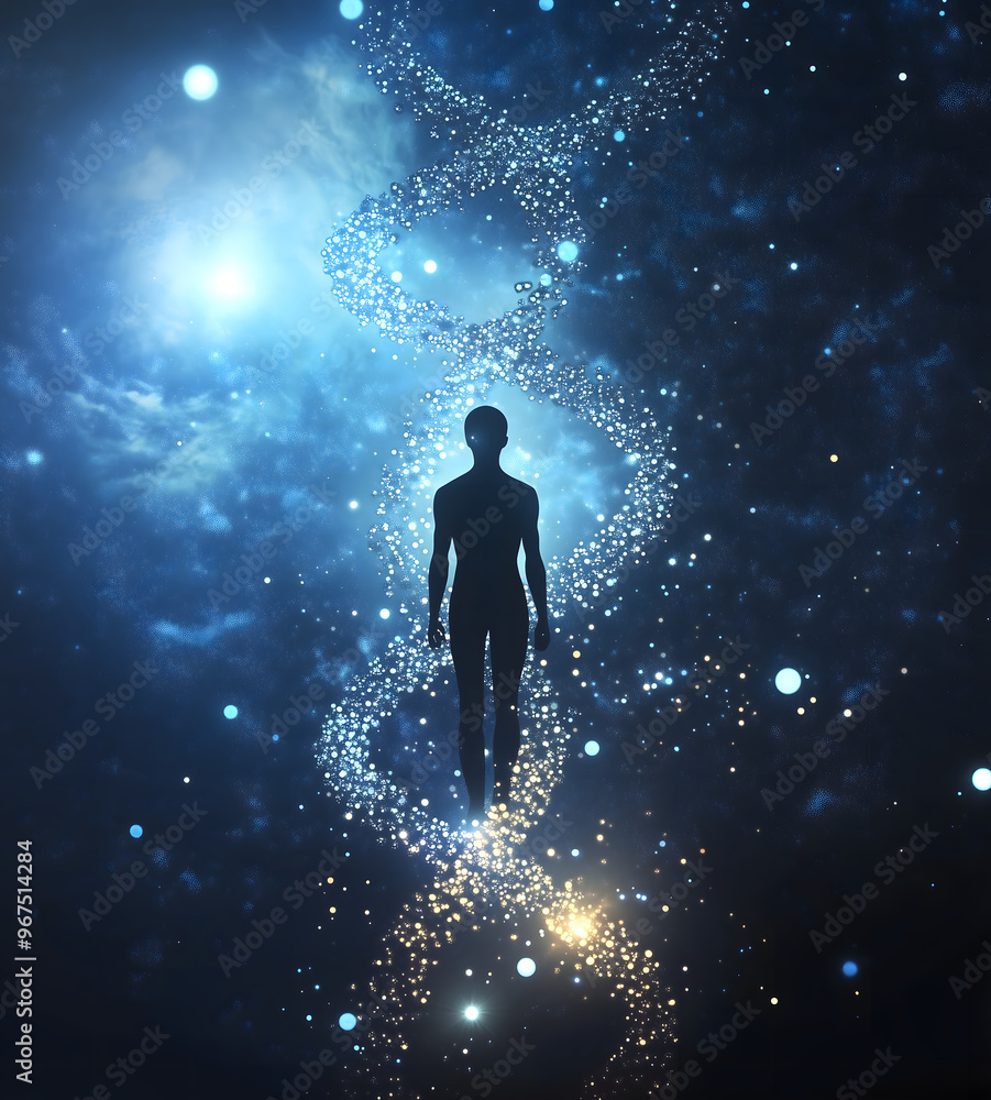 Double helix DNA strands silhouette human figure aura around it human genetics concept Double helix DNA strands silhouette human figure aura around it human genetics concept