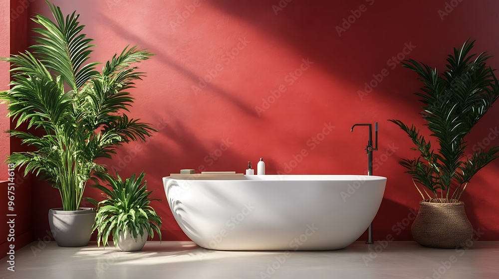 A white bathtub sits in front of a red wall, surrounded by green plants. The sun shines through the window and casts a shadow on the wall. A white bathtub sits in front of a red wall, surrounded by green plants. The sun shines through the window and casts a shadow on the wall.
