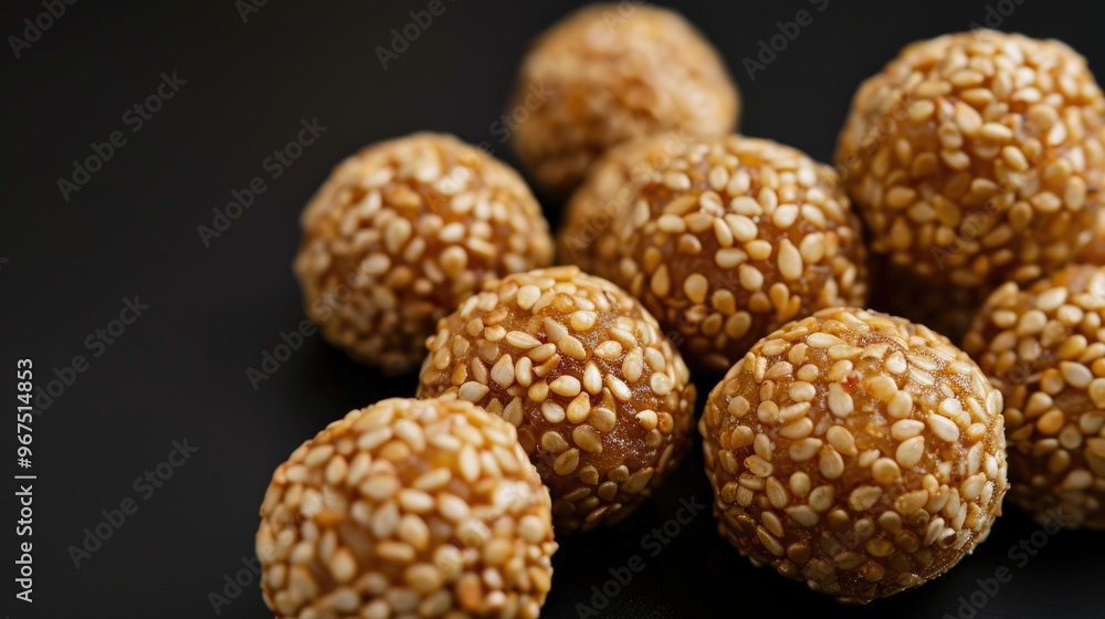 Closeup of sesame seed-covered spherical sweets, appealing to dessert lovers looking for a healthy or vegan snack choice. Closeup of sesame seed-covered spherical sweets, appealing to dessert lovers looking for a healthy or vegan snack choice.