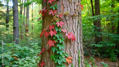 Red and Green Vines Climbing a Tree Trunk in a Forest photo