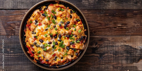 Vertical view from above of Chicken Tamale Pie with seasoned shredded chicken salsa sauce black beans cheese and a cornbread crust in a baking dish on a dark wood table photo