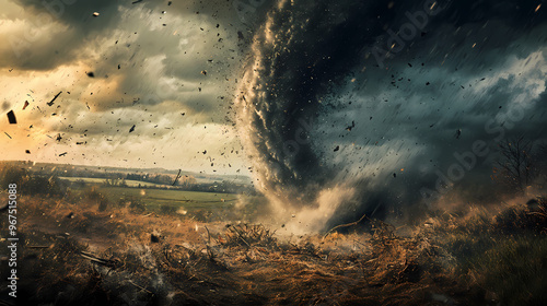 A highly detailed photograph of a tornado touching down in a rural landscape, with debris swirling in the air and dark storm clouds overhead, ultra-sharp and clear. Tornado. Illustration photo