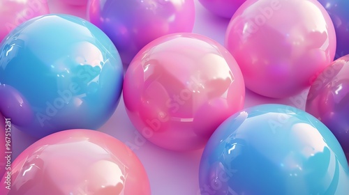 A close-up of shiny pink and blue spheres.